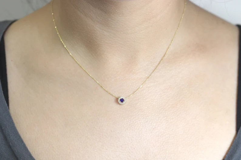 14K 3.2MM SAPPHIRE DIAMOND HALO NECKLACE