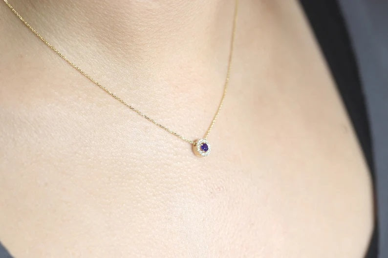 14K 3.2MM SAPPHIRE DIAMOND HALO NECKLACE