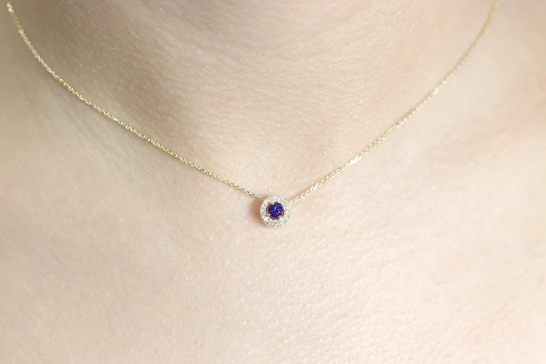 14K 3.2MM SAPPHIRE DIAMOND HALO NECKLACE