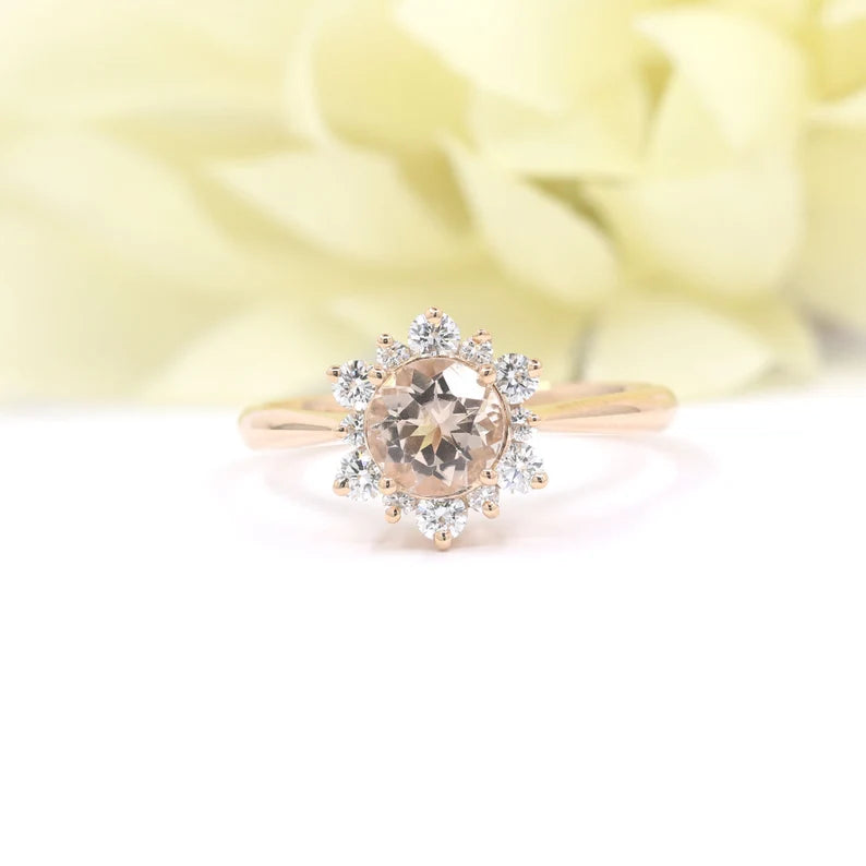 14K MORGANITE DIAMOND FLOWER RING