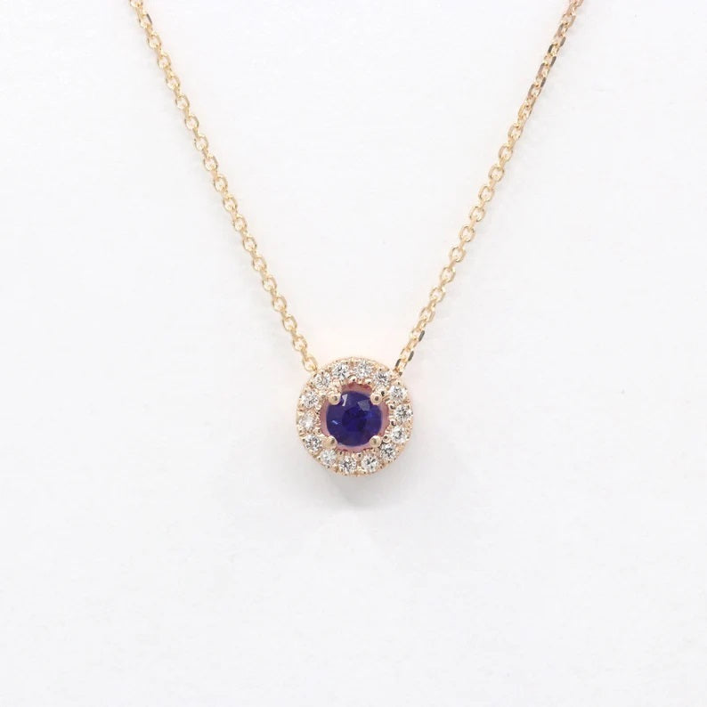 14K 3.2MM SAPPHIRE DIAMOND HALO NECKLACE