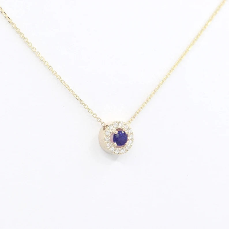 14K 3.2MM SAPPHIRE DIAMOND HALO NECKLACE