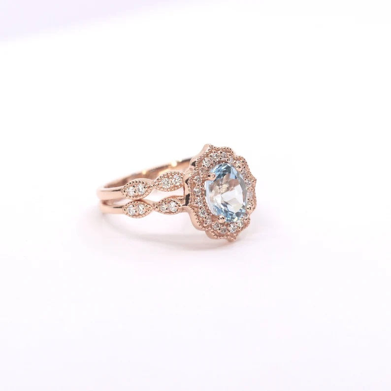 14K AQUAMARINE DIAMOND FLORAL BRIDAL SET