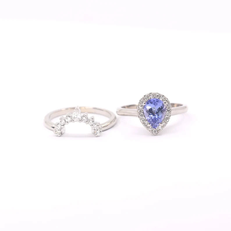 14K TANZANITE DIAMOND HALO CROWN BAND 2 RING SET