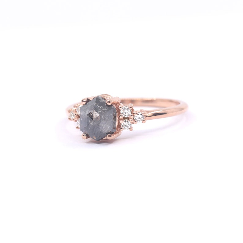 14K 1CT HEXAGON SALT AND PEPPER DIAMOND CLUSTER RING