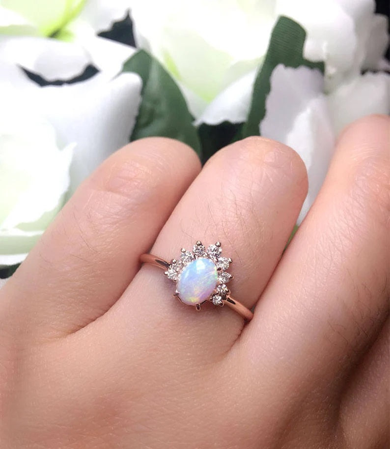 14K OVAL OPAL DIAMOND CROWN RING