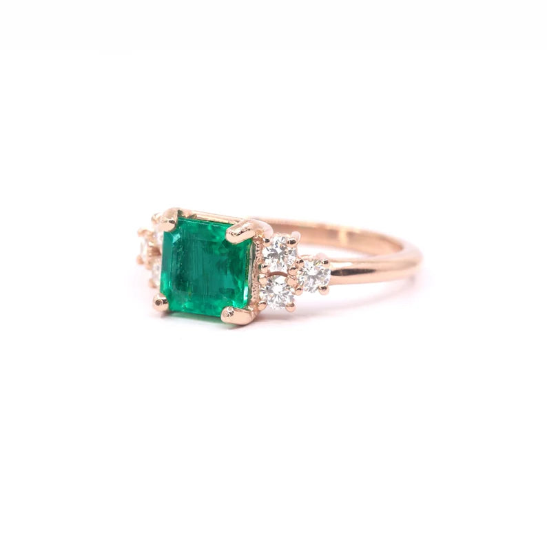 14K SQUARE EMERALD DIAMOND CLUSTER RING