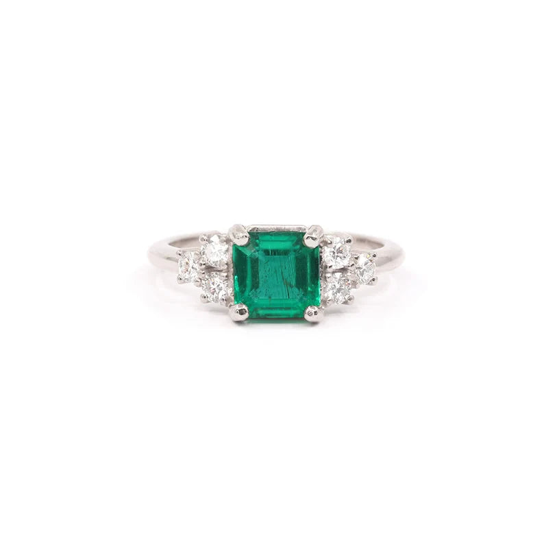 14K SQUARE EMERALD DIAMOND CLUSTER RING