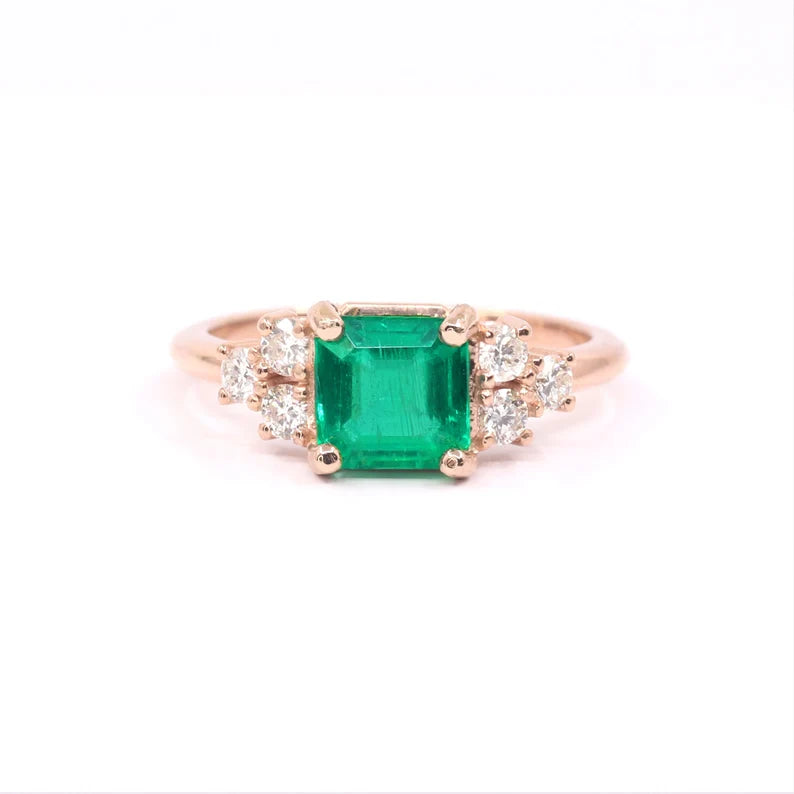 14K SQUARE EMERALD DIAMOND CLUSTER RING