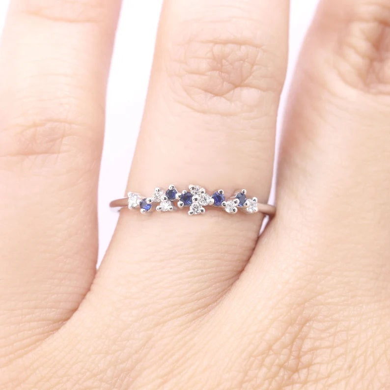 14K SAPPHIRE DIAMOND CLUSTER BAND