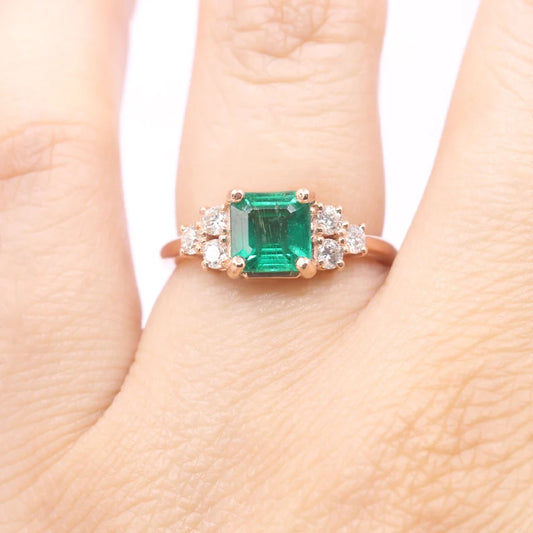 14K SQUARE EMERALD DIAMOND CLUSTER RING