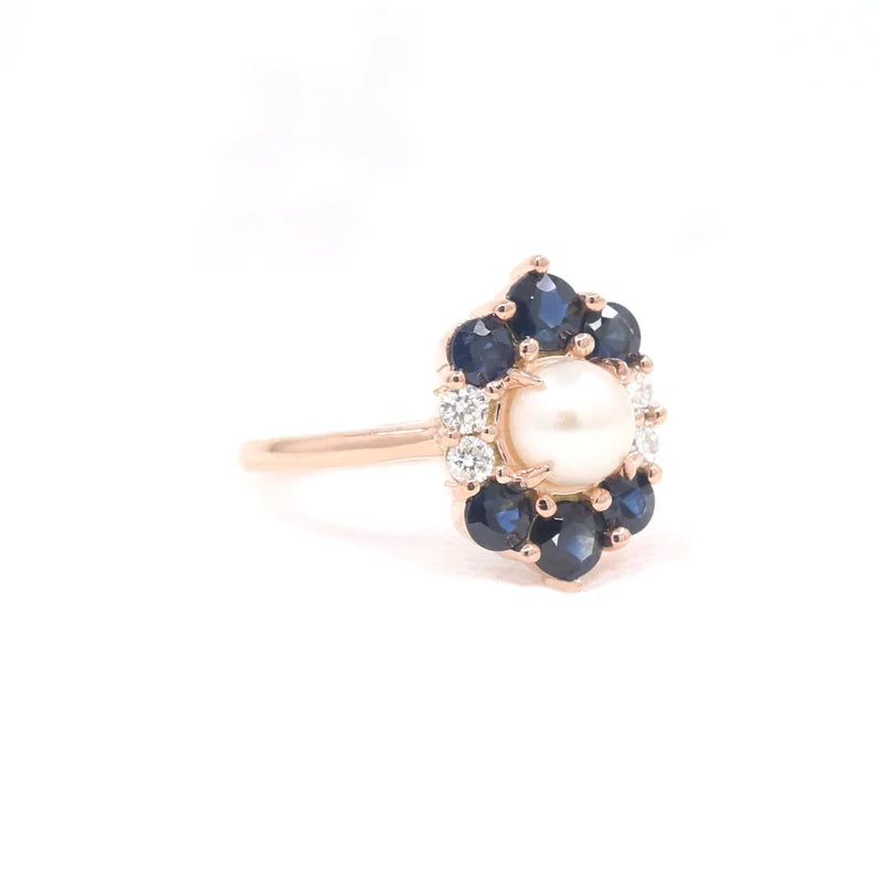 14K PEARL SAPPHIRE DIAMOND FLOWER RING