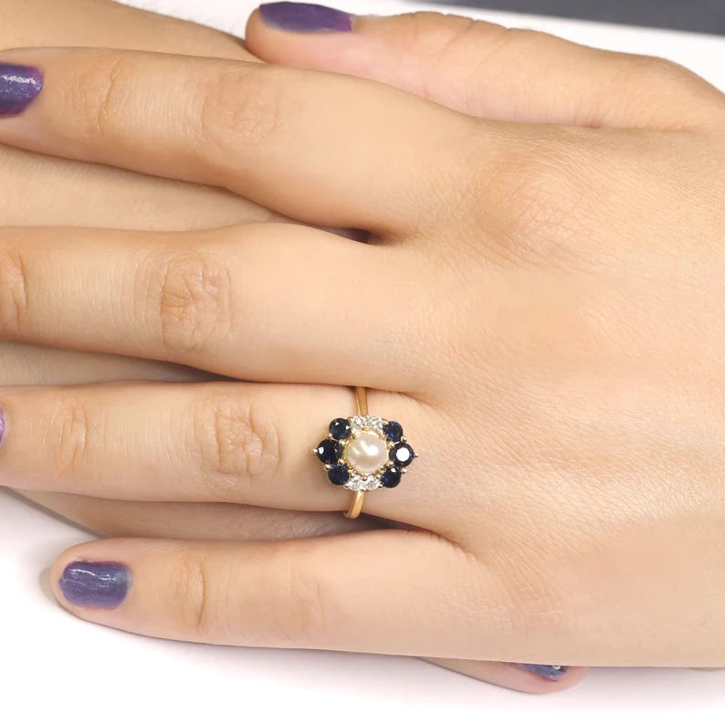 14K PEARL SAPPHIRE DIAMOND FLOWER RING