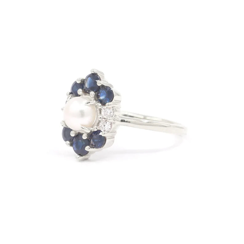 14K PEARL SAPPHIRE DIAMOND FLOWER RING