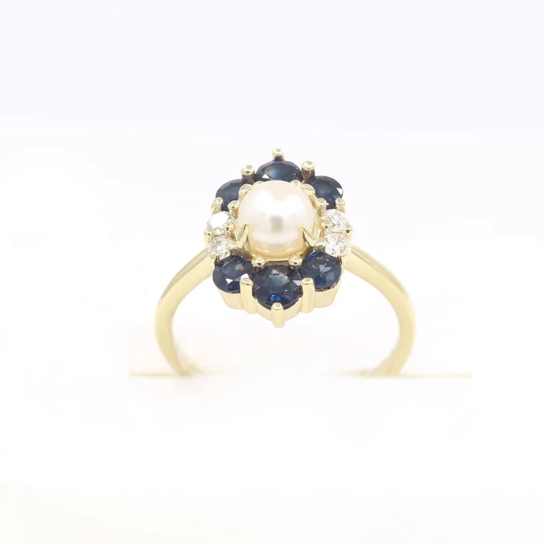 14K PEARL SAPPHIRE DIAMOND FLOWER RING