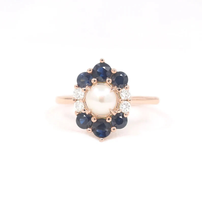 14K PEARL SAPPHIRE DIAMOND FLOWER RING