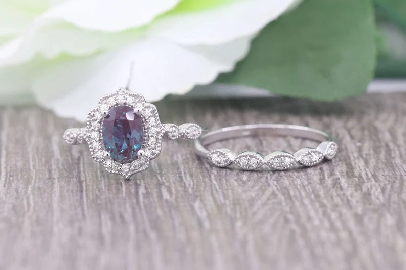 14K LAB ALEXANDRITE DIAMOND FLORAL BRIDAL SET