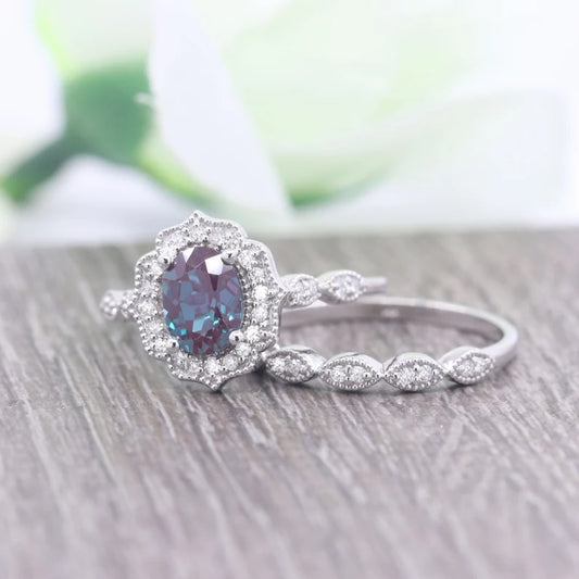 14K LAB ALEXANDRITE DIAMOND FLORAL ENGAGEMENT RING