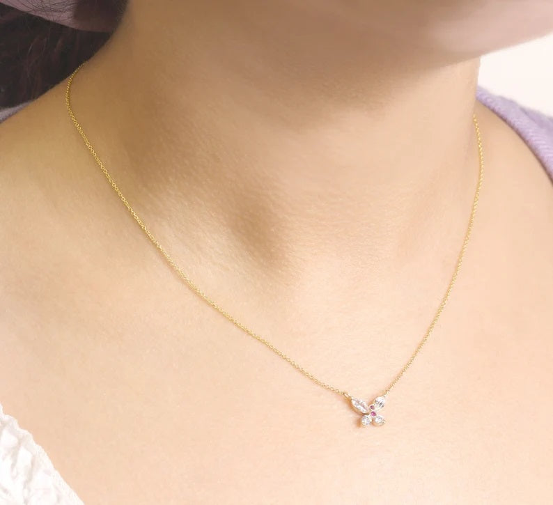 14K SIMULATED DIAMOND RUBY BUTTERFLY NECKLACE