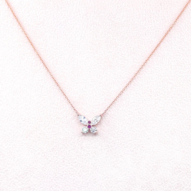 14K SIMULATED DIAMOND RUBY BUTTERFLY NECKLACE