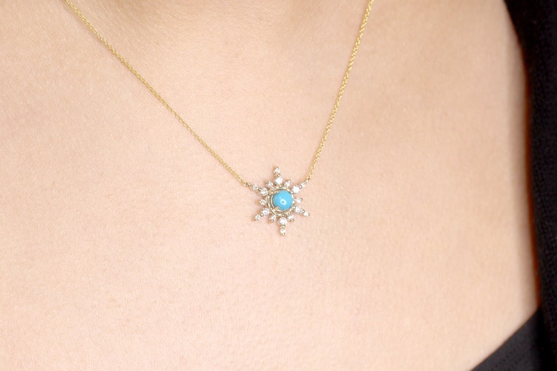 14K 5MM TURQUOISE DIAMOND SNOWFLAKE NECKALCE