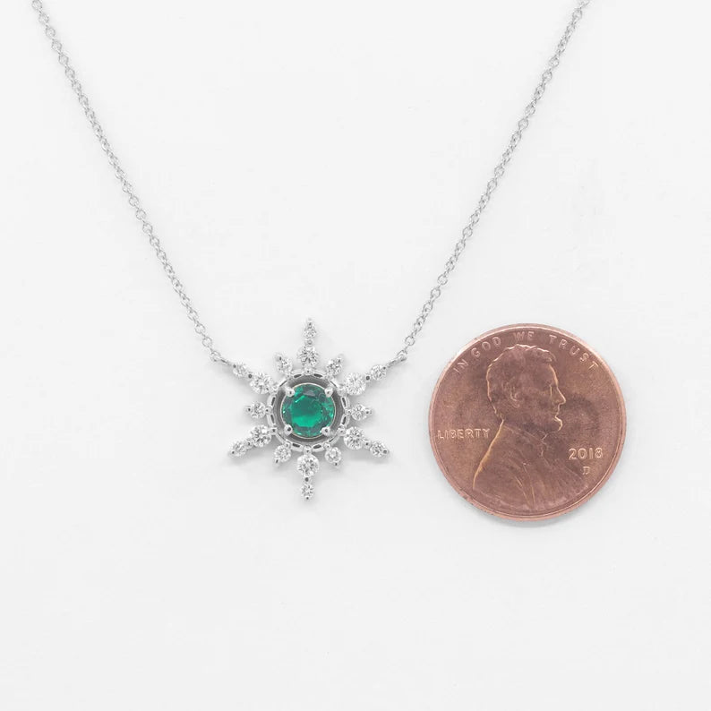 14K 5MM EMERALD DIAMOND SNOWFLAKE NECKLACE