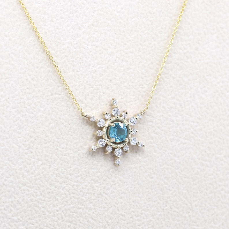 14K 5MM BLUE ZIRCON DIAMOND SNOWFLAKE NECKLACE