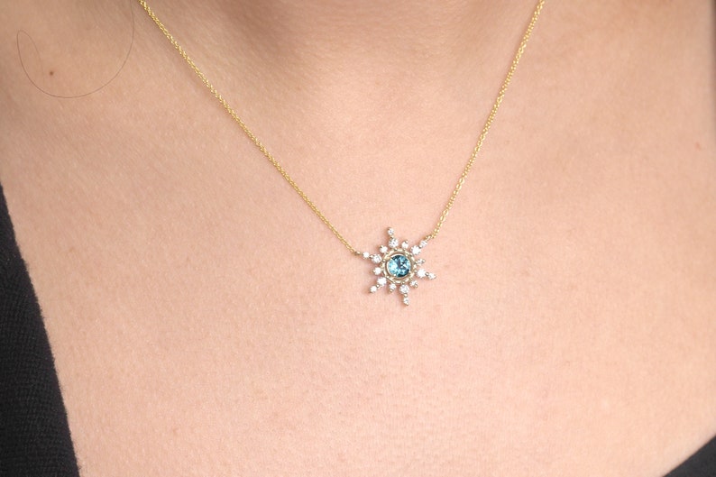 14K 5MM BLUE ZIRCON DIAMOND SNOWFLAKE NECKLACE