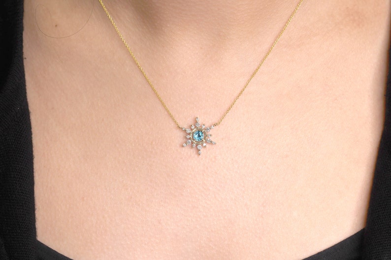 14K 5MM BLUE ZIRCON DIAMOND SNOWFLAKE NECKLACE