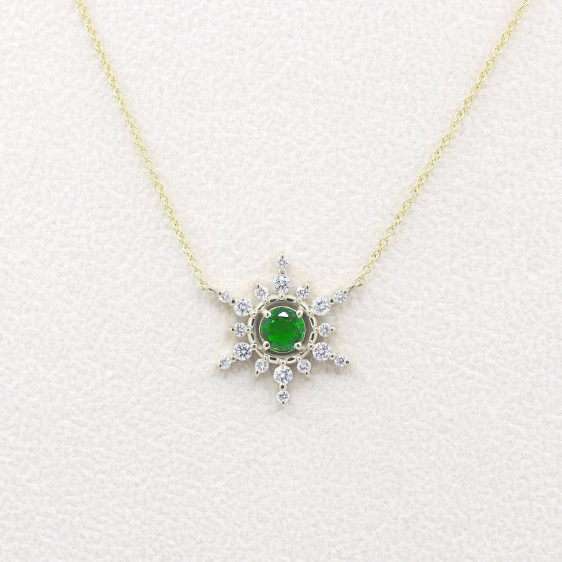 14K 5MM EMERALD DIAMOND SNOWFLAKE NECKLACE