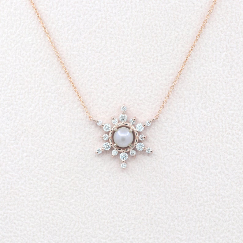 14K 6MM PEARL DIAMOND SNOWFLAKE NECKLACE