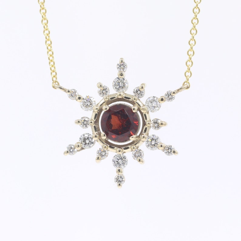 14K 5MM GARNET DIAMOND SNOWFLAKE NECKLACE