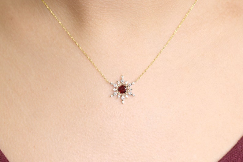 14K 5MM GARNET DIAMOND SNOWFLAKE NECKLACE