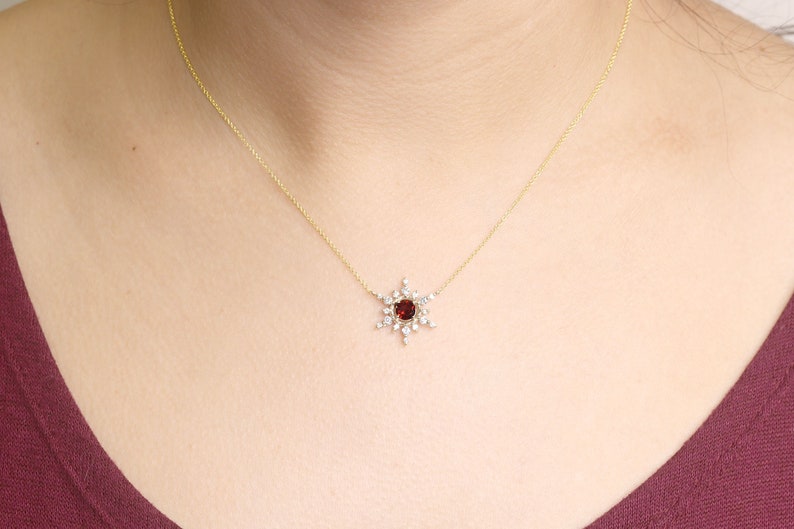 14K 5MM GARNET DIAMOND SNOWFLAKE NECKLACE