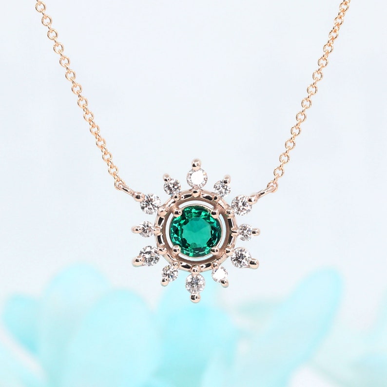 14K LAB EMERALD DIAMOND SNOWFLAKE NECKLACE