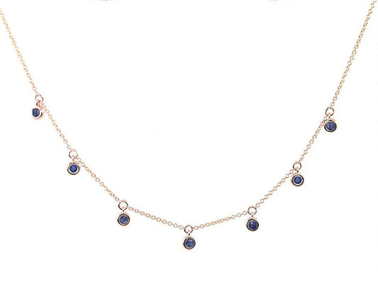 14K 7 SAPPHIRE BEZEL DANGLING NECKLACE