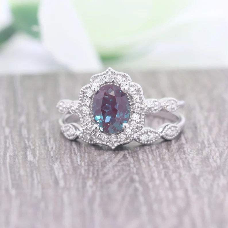 14K LAB ALEXANDRITE DIAMOND FLORAL BRIDAL SET