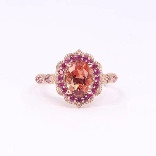 14K SUNSTONE RUBY FLORAL ENGAGEMENT RING