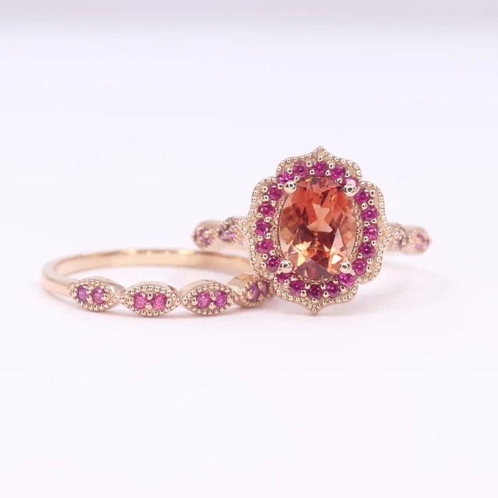 14K SUNSTONE RUBY FLORAL BRIDAL SET