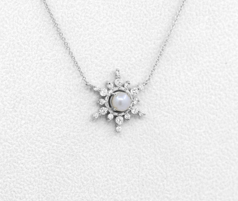 14K 6MM PEARL DIAMOND SNOWFLAKE NECKLACE