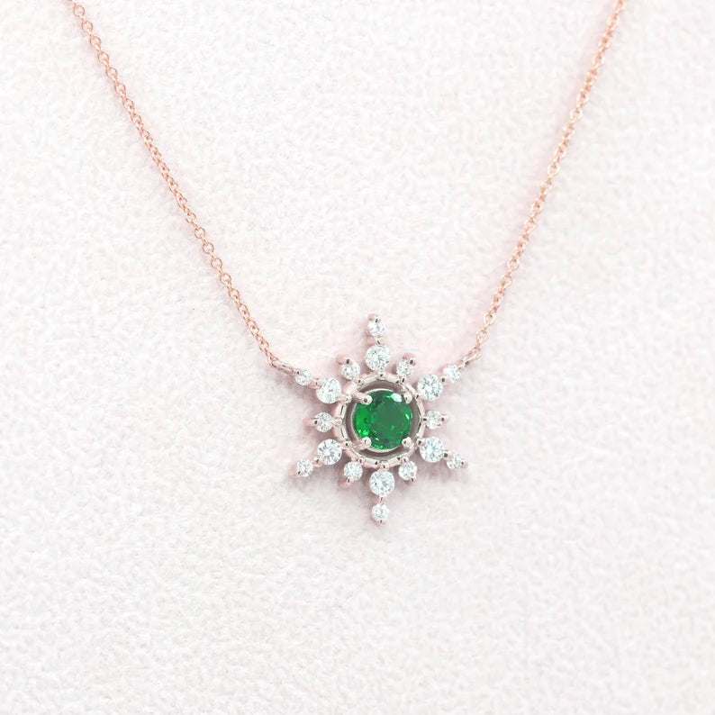 14K 5MM EMERALD DIAMOND SNOWFLAKE NECKLACE