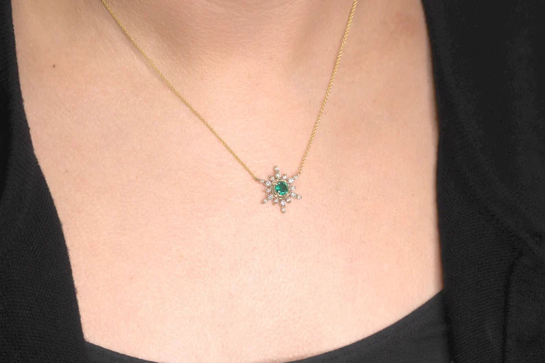 14K 5MM EMERALD DIAMOND SNOWFLAKE NECKLACE