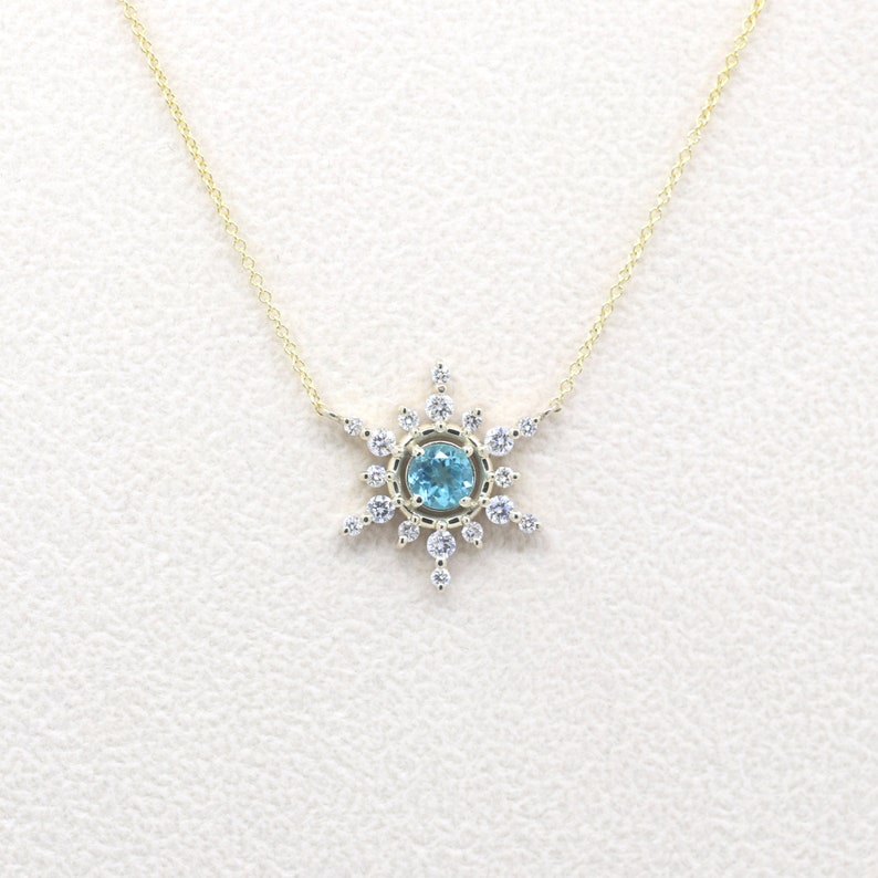 14K 5MM BLUE ZIRCON DIAMOND SNOWFLAKE NECKLACE