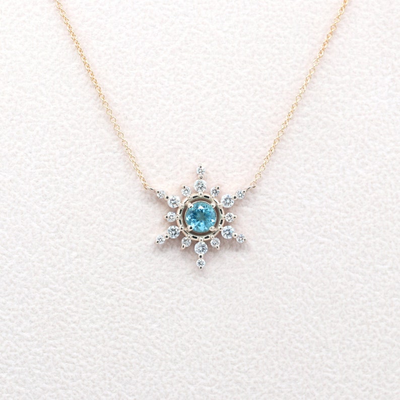 14K 5MM BLUE ZIRCON DIAMOND SNOWFLAKE NECKLACE