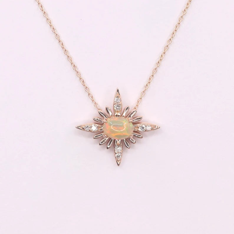 14K OPAL DIAMOND STARBURST NECKLACE