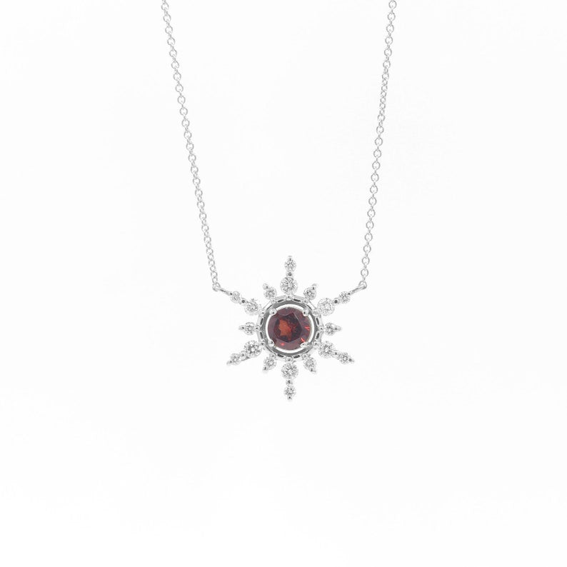 14K 5MM GARNET DIAMOND SNOWFLAKE NECKLACE