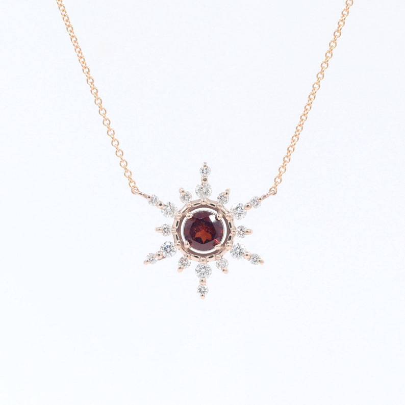 14K 5MM GARNET DIAMOND SNOWFLAKE NECKLACE