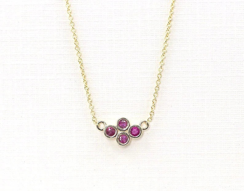 14K 4 RUBY BEZEL TINY CLUSTER NECKLACE