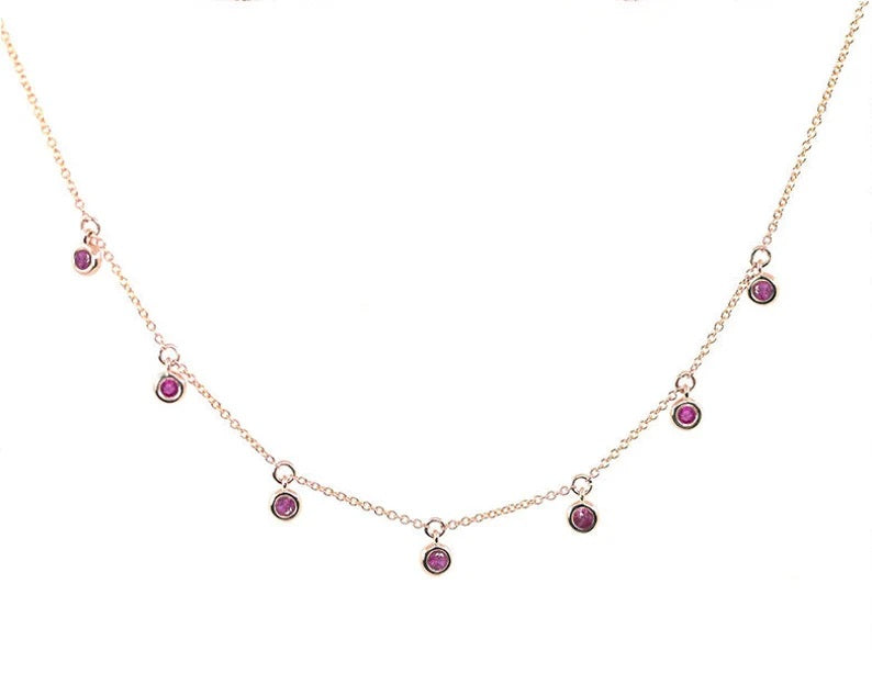 14K 7 RUBY BEZEL DANGLING NECKLACE