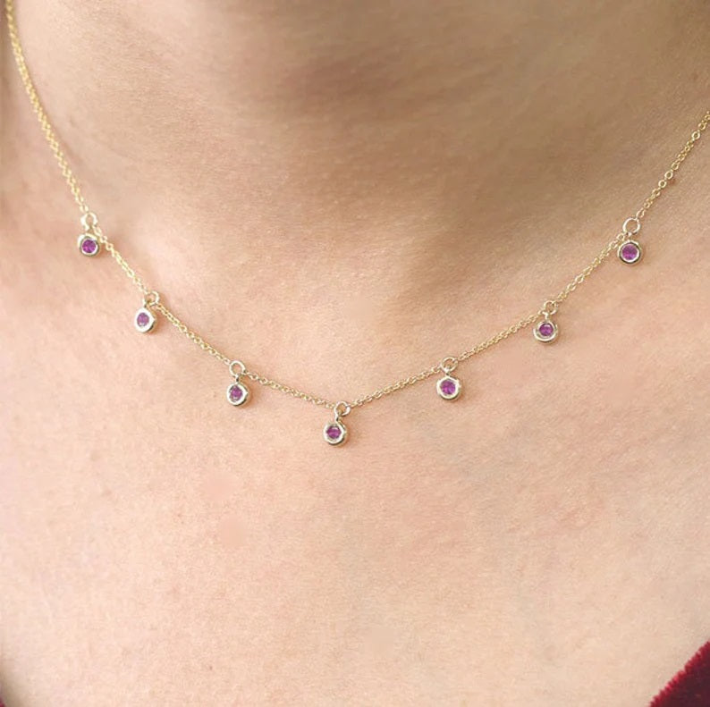 14K 7 RUBY BEZEL DANGLING NECKLACE